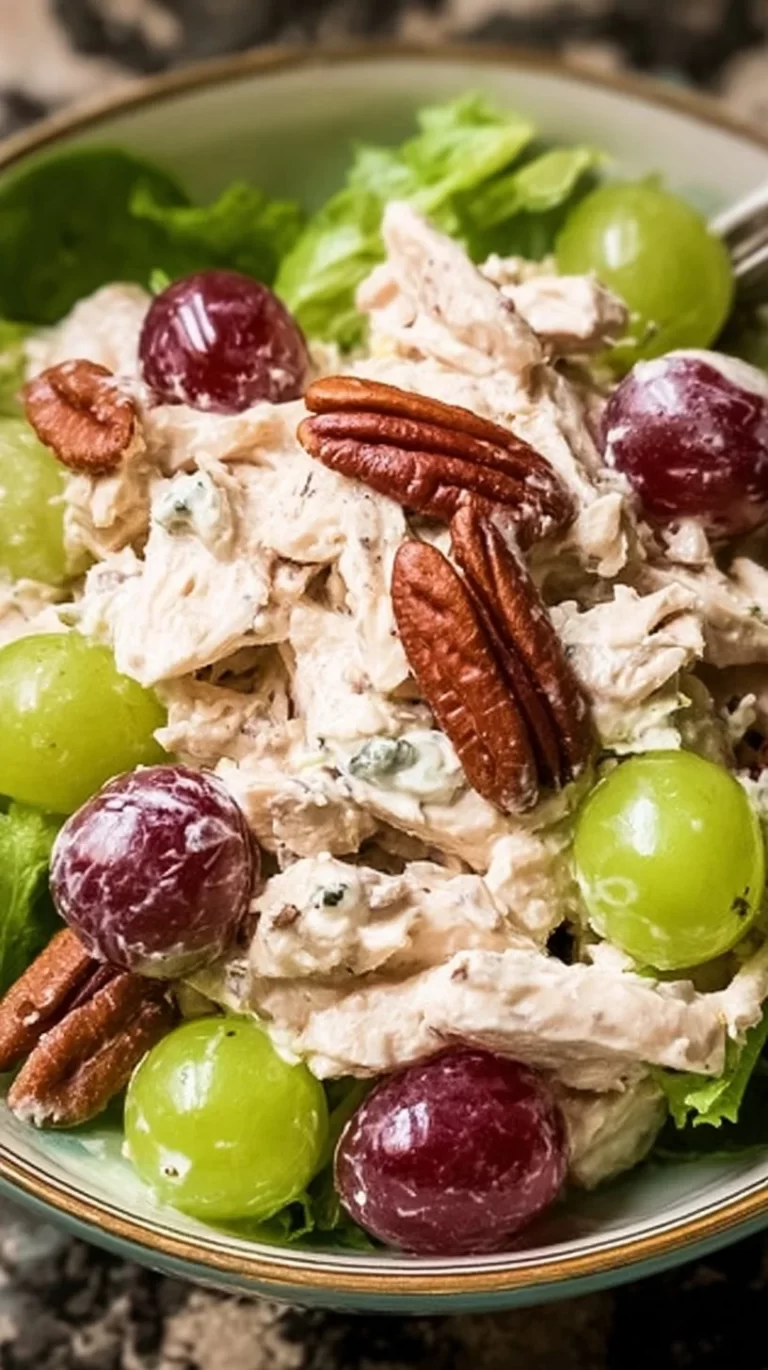 Bowl of easy chicken salad with grapes and pecans on a table.