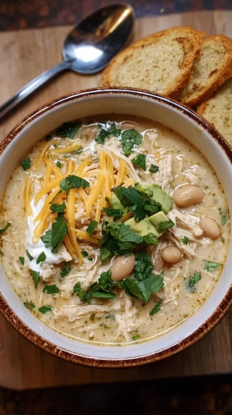 Bowl of easy creamy crockpot white chicken chili garnished with cilantro