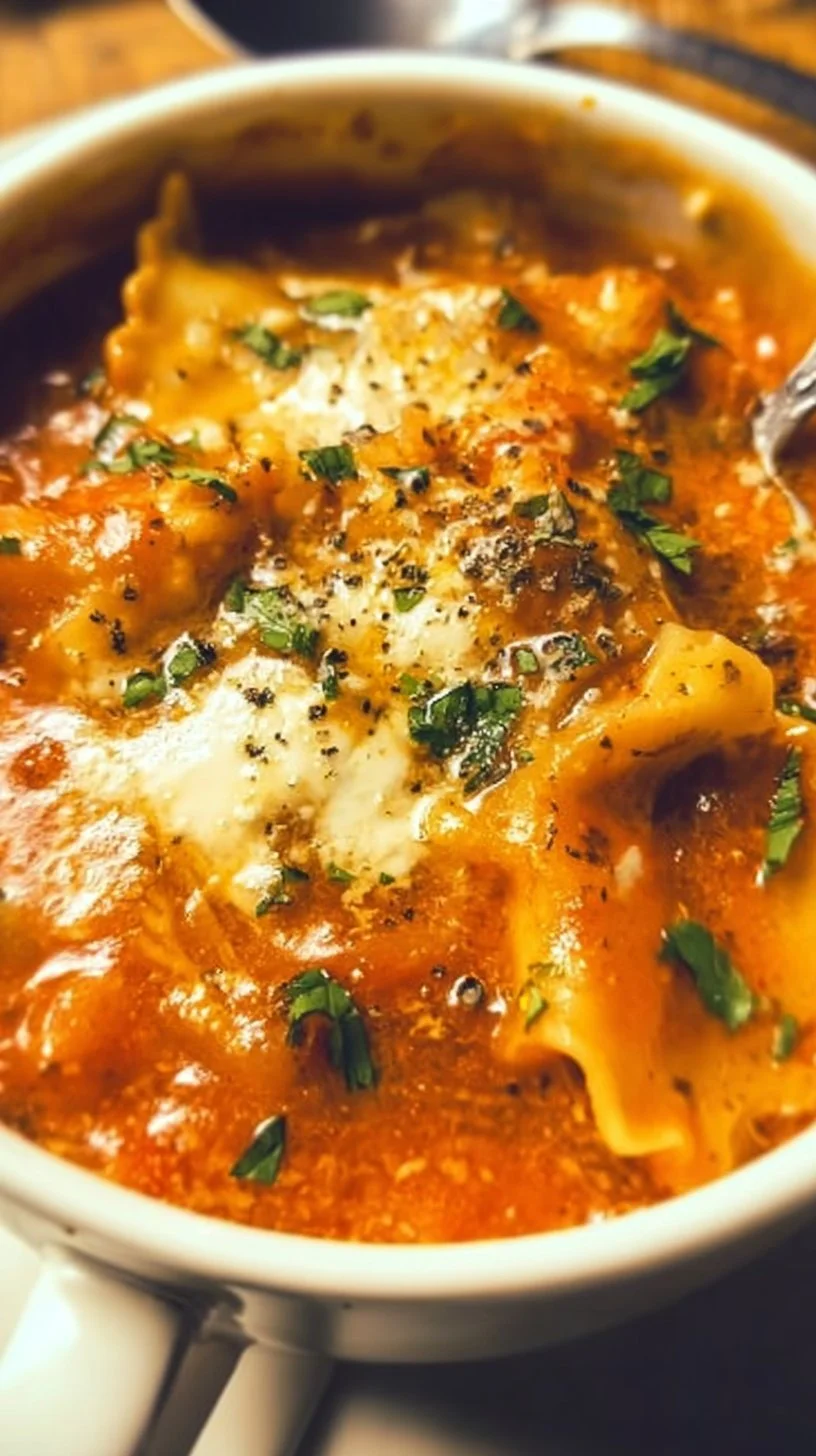 Bowl of easy creamy lasagna soup topped with cheese and herbs