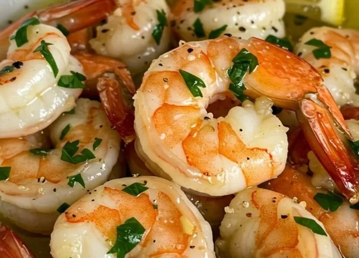 Easy garlic butter shrimp scampi ready to serve in a skillet