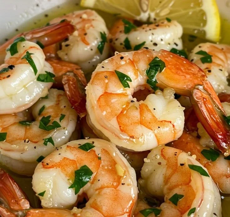 Easy garlic butter shrimp scampi ready to serve in a skillet
