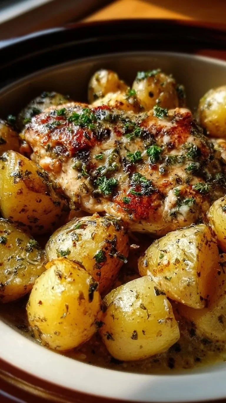 Easy garlic parmesan chicken served with potatoes in a crockpot meal