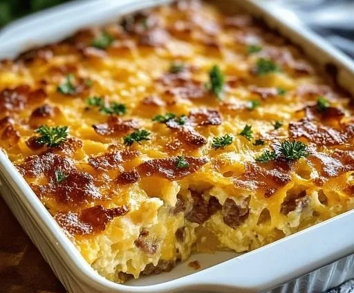 Delicious easy hashbrown breakfast casserole topped with cheese and herbs