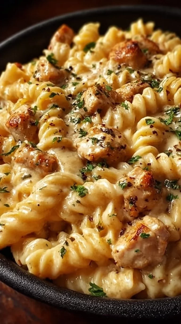 A bowl of Easy Parmesan Chicken Pasta with chicken and creamy sauce.