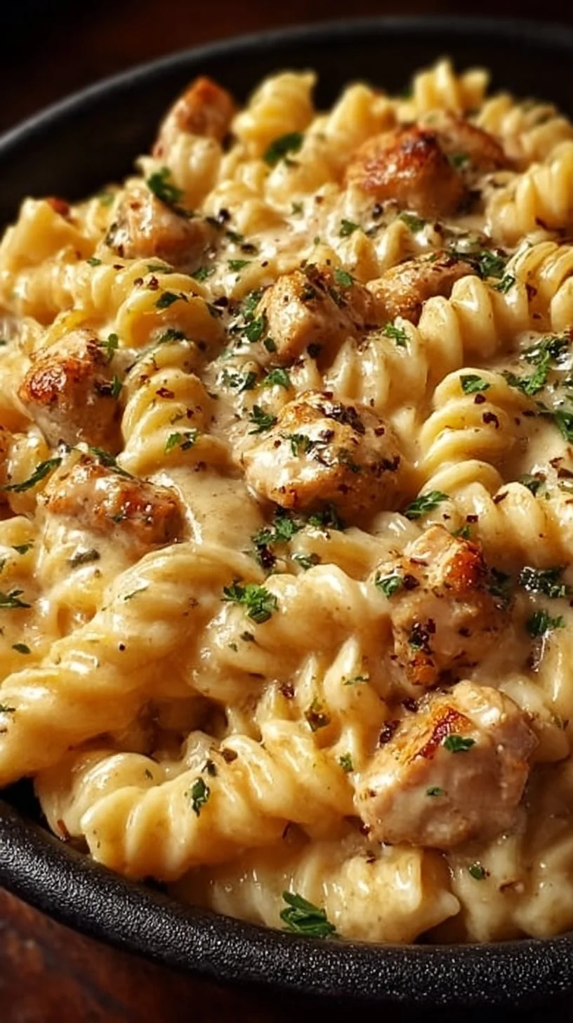 A bowl of Easy Parmesan Chicken Pasta with chicken and creamy sauce.
