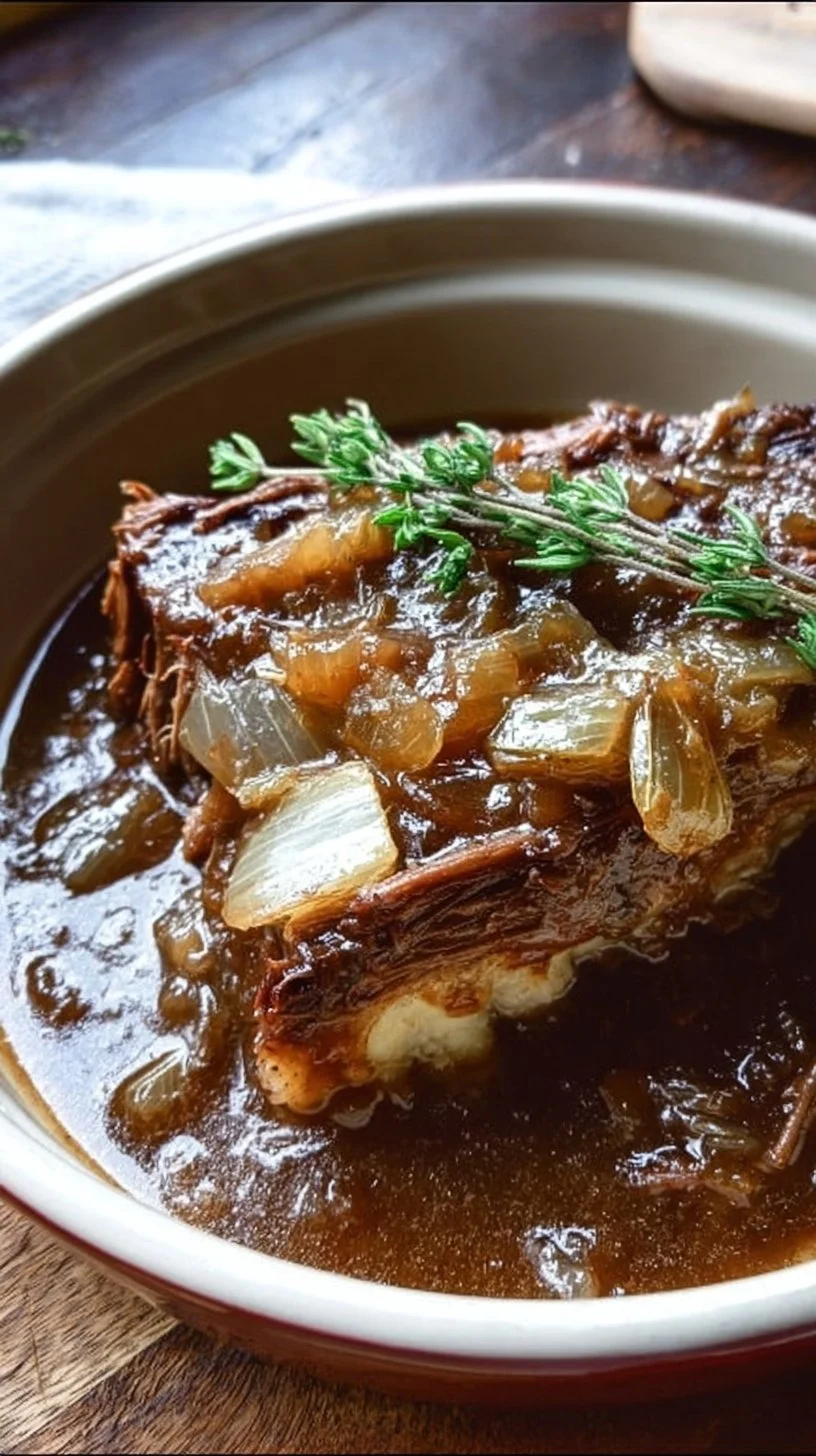 Delicious slow cooker French Onion Roast served on a plate