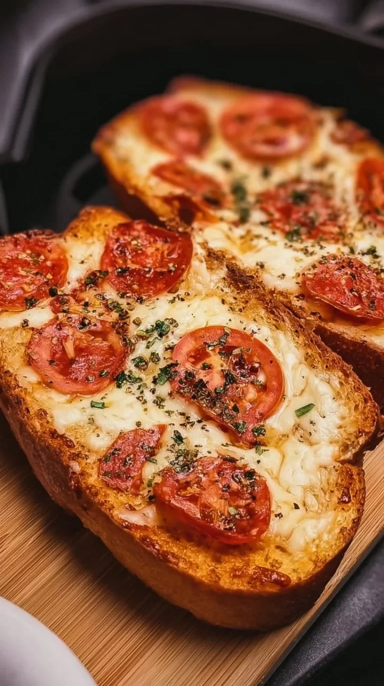 Easy Texas Toast Pizza cooked in an air fryer, topped with cheese and pepperoni.