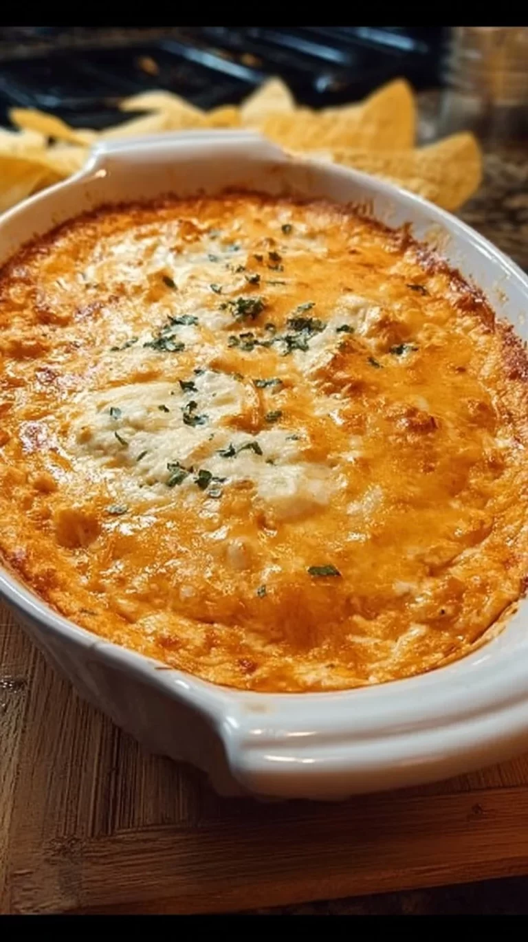 Creamy Frank's Red Hot Buffalo Chicken Dip in a serving dish