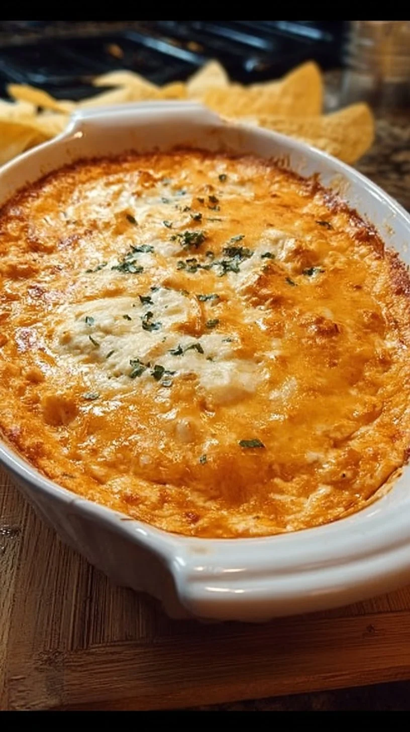 Creamy Frank's Red Hot Buffalo Chicken Dip in a serving dish