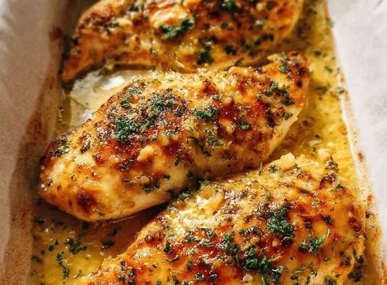 Delicious garlic butter baked chicken breast ready to serve.