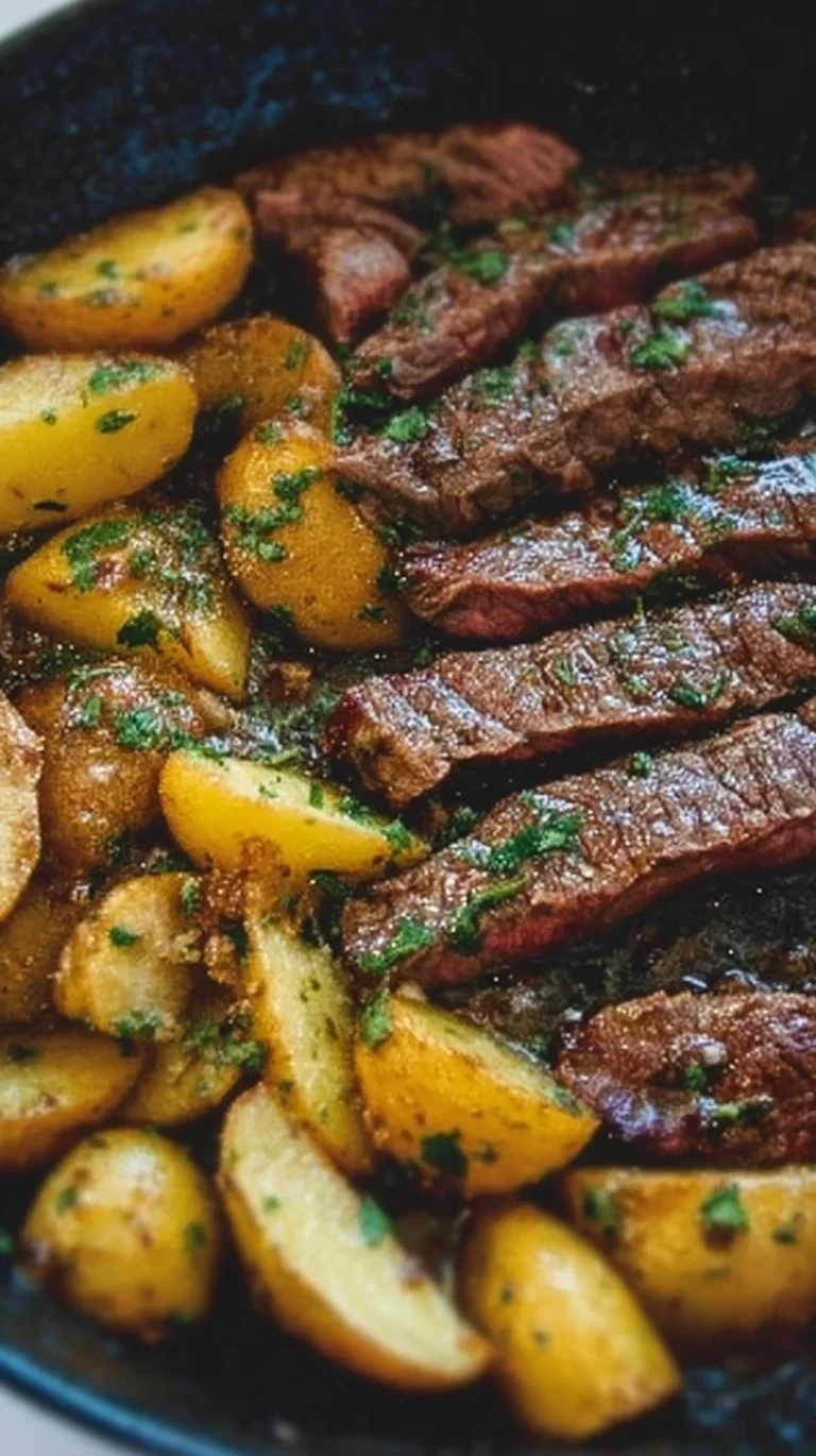 Delicious Garlic Butter Steak and Potatoes Skillet ready to serve