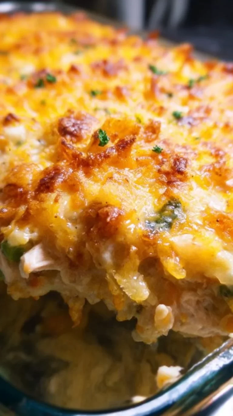 Delicious Hashbrown Chicken Casserole fresh out of the oven, ready to serve.