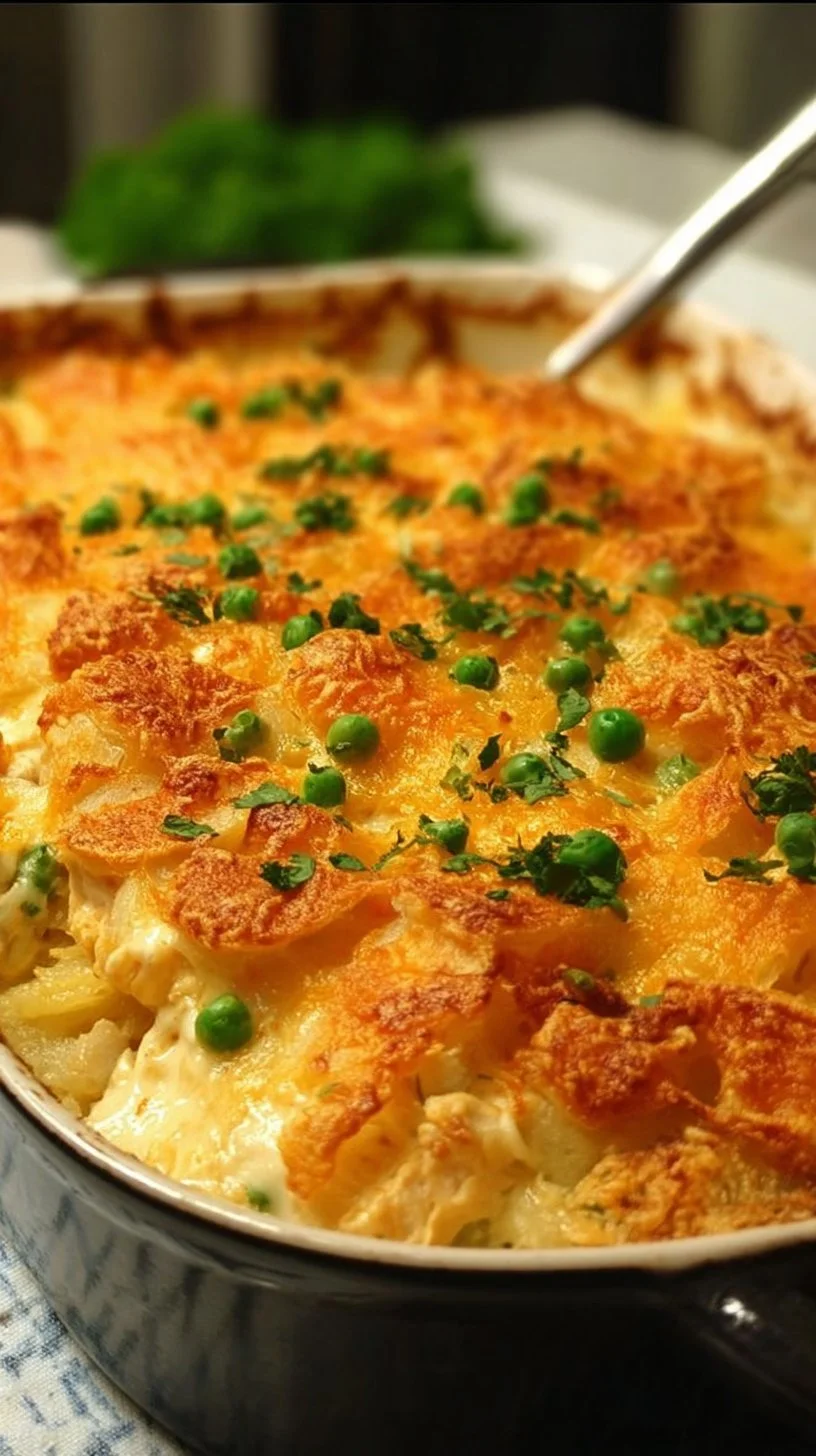 Delicious Hashbrown Chicken Casserole baked and ready to serve.