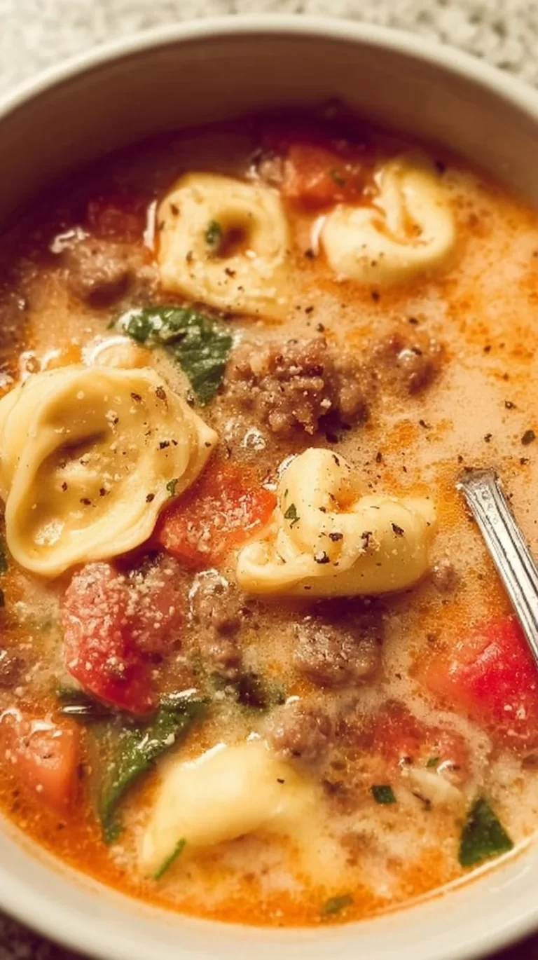 A bowl of hearty Italian Sausage Tortellini Soup garnished with fresh herbs.