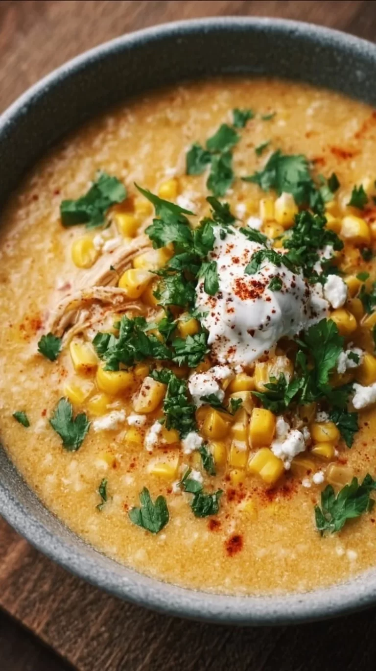 Bowl of creamy Mexican street corn soup garnished with cilantro and lime