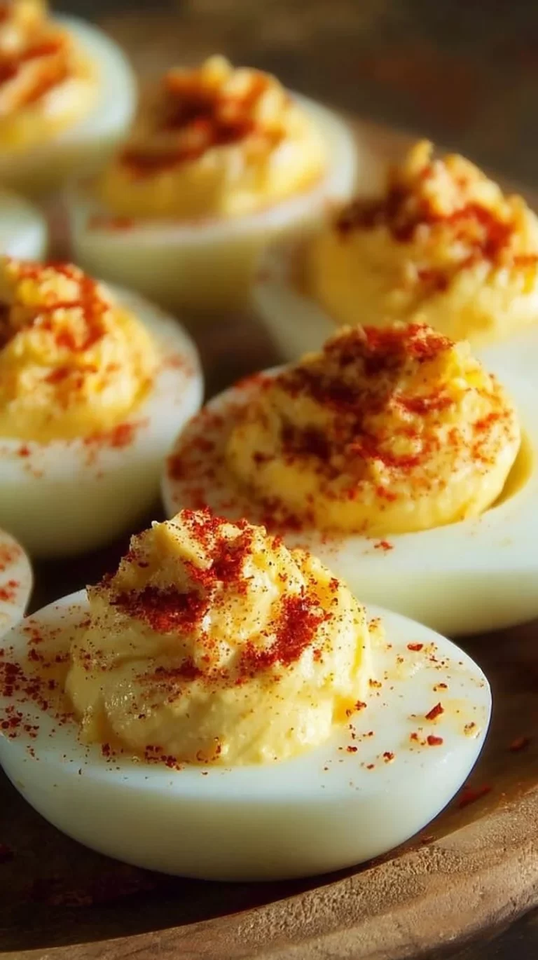 Delicious Million Dollar Deviled Eggs ready to serve on a platter.