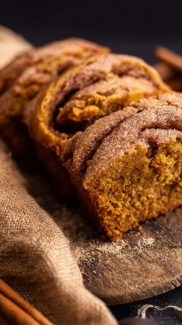 Mini pumpkin bread loaf with cinnamon swirl on a wooden table