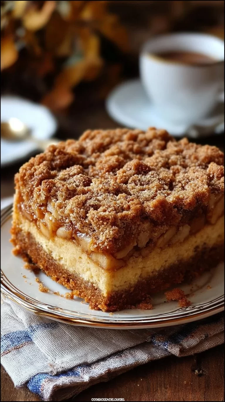Moist apple crumble coffee cake with a crunchy topping and spiced apple filling