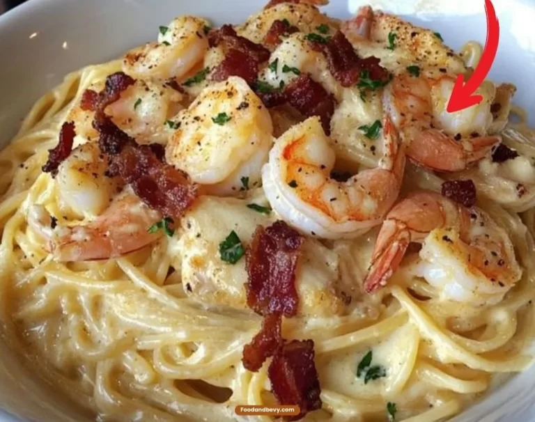 Olive Garden Chicken and Shrimp Carbonara served with creamy sauce and pasta