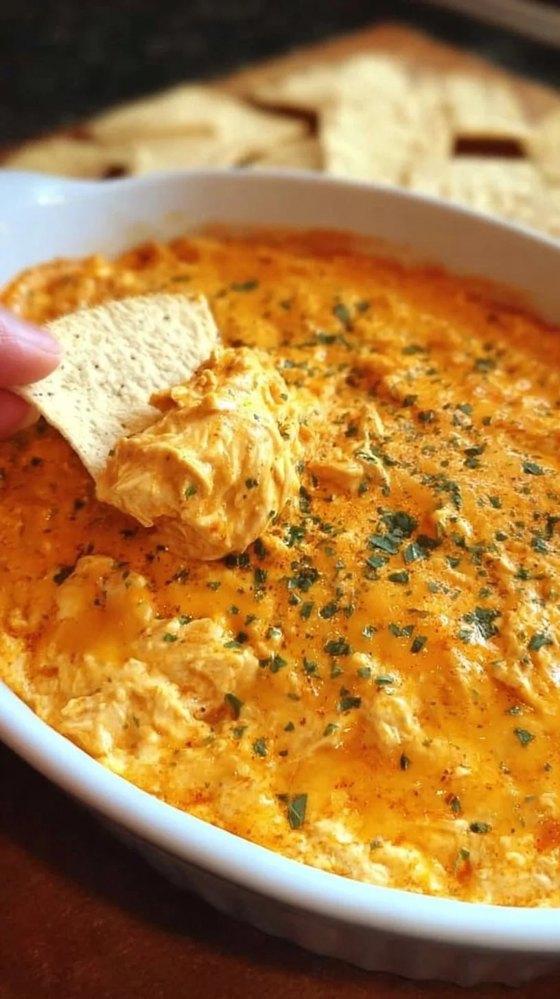 Delicious Oven Buffalo Chicken Dip served in a bowl
