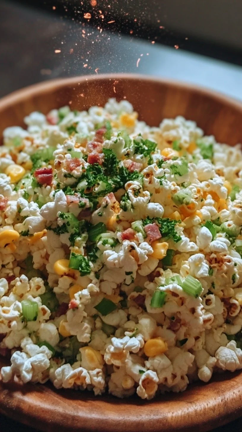Delicious and colorful Popcorn Salad served in a bowl, a perfect party snack.