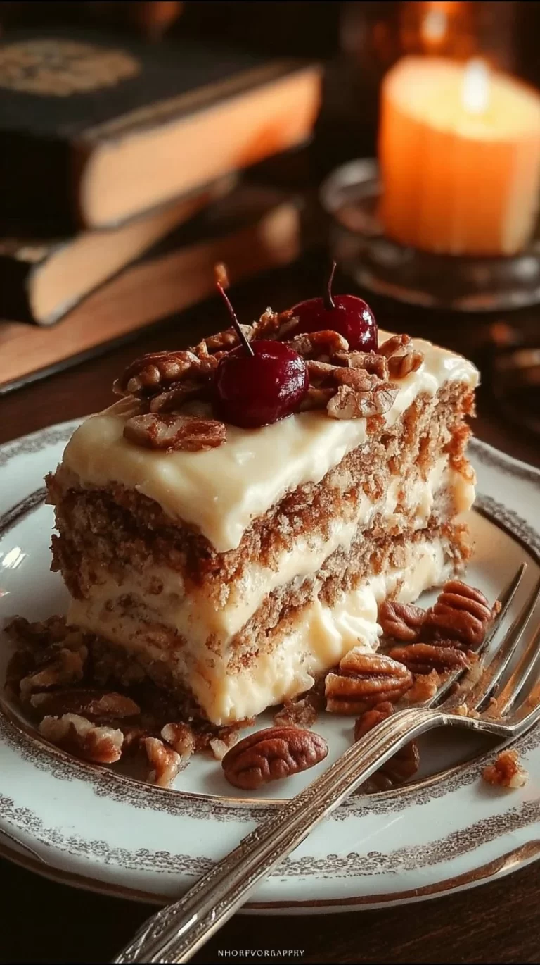A slice of homemade Preacher Cake topped with nuts and coconut.