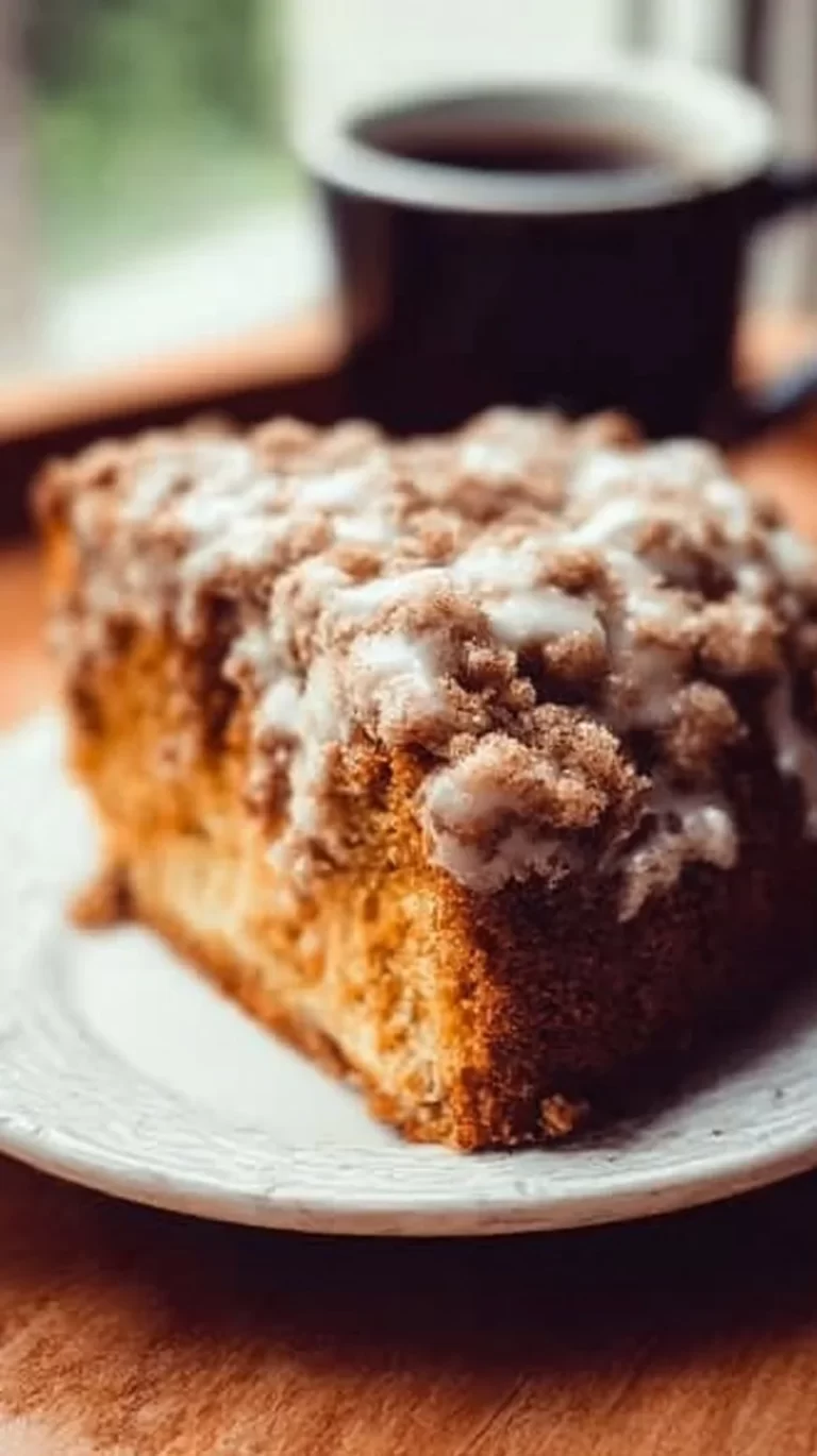 Delicious pumpkin coffee cake topped with cream cheese frosting on a wooden table