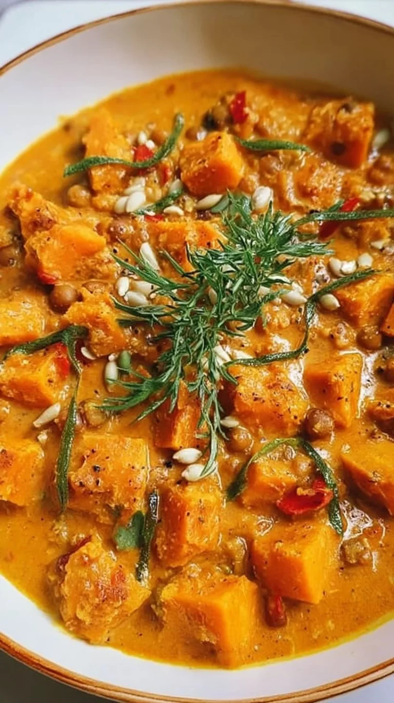 A bowl of delicious pumpkin curry served with rice and garnished with herbs.