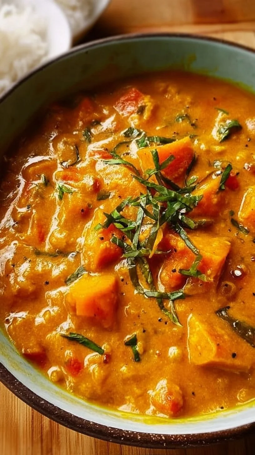 A vibrant bowl of pumpkin curry garnished with fresh herbs and spices.
