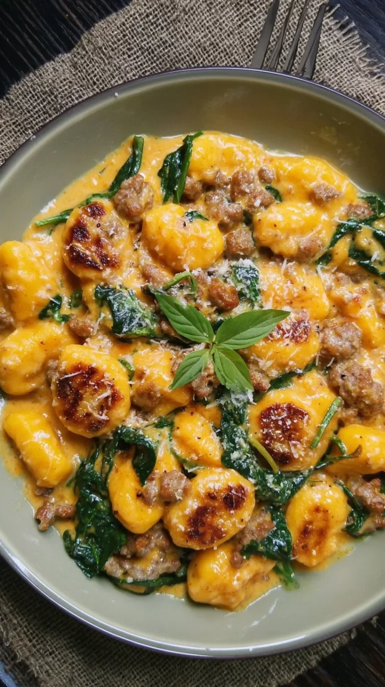 Delicious pumpkin gnocchi with spinach and sausage served on a plate
