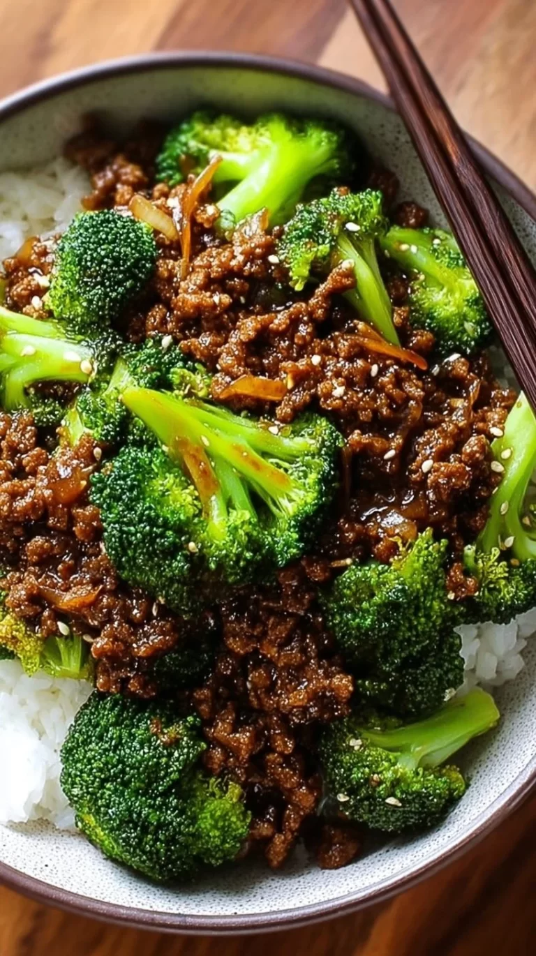 Quick ground beef and broccoli stir fry served in a bowl