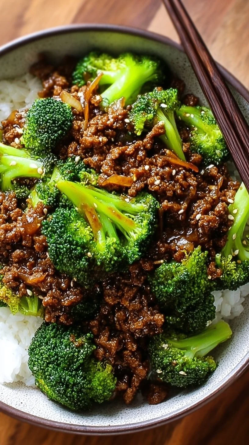 Quick ground beef and broccoli stir fry served in a bowl