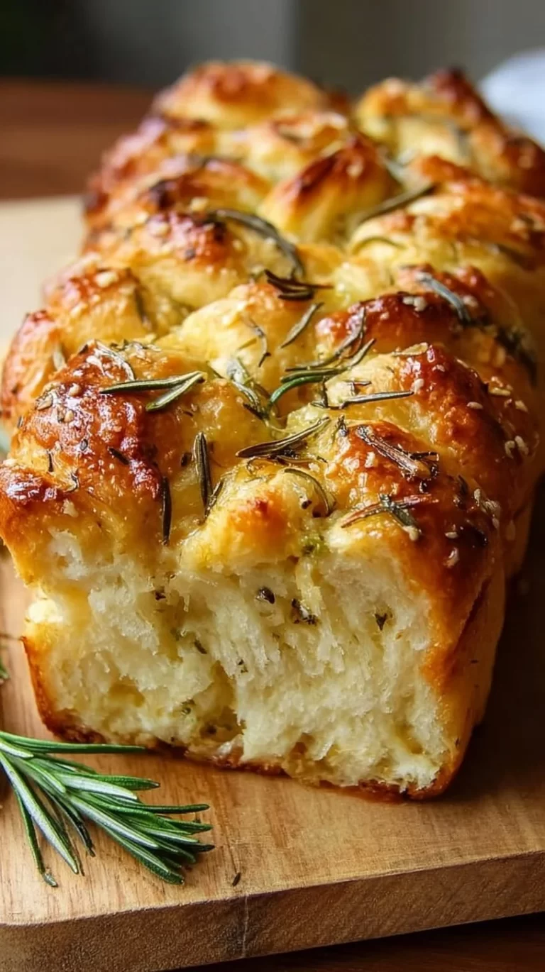 Freshly baked Rosemary Garlic Pull Apart Bread served warm on a wooden board.