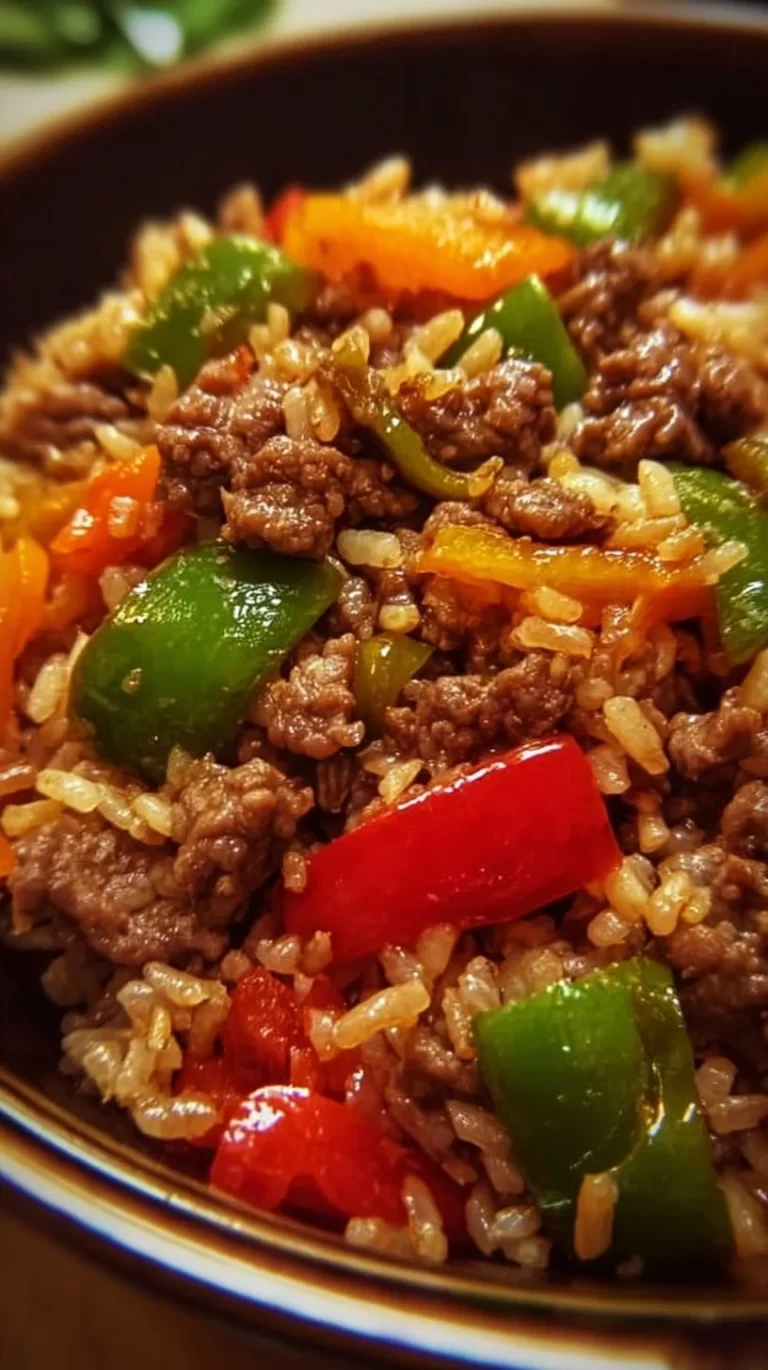 Savory beef pepper rice bowl garnished with colorful peppers and herbs.