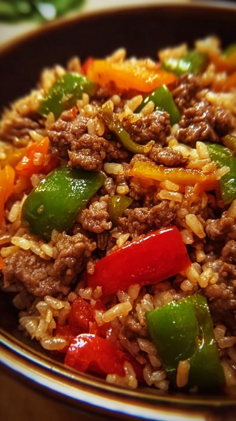 Savory beef pepper rice bowl garnished with colorful peppers and herbs.