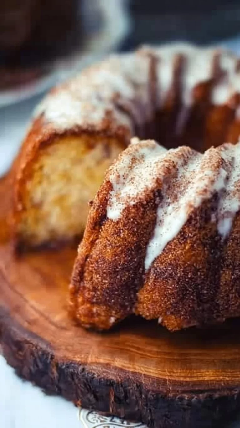 Homemade cinnamon roll Bundt cake with icing on a plate