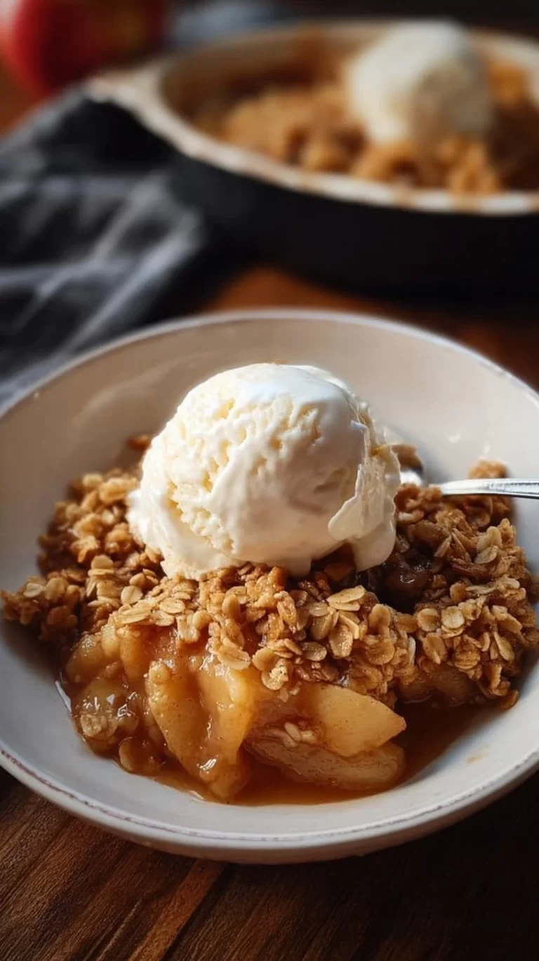 Delicious Slow Cooker Apple Crisp topped with oats and served warm
