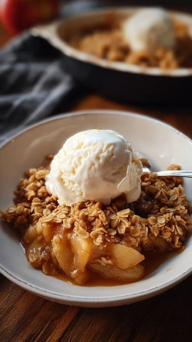 Delicious Slow Cooker Apple Crisp topped with oats and served warm