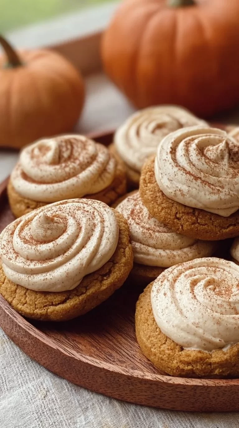 Soft pumpkin cookies with cinnamon frosting on a plate, perfect for fall baking.
