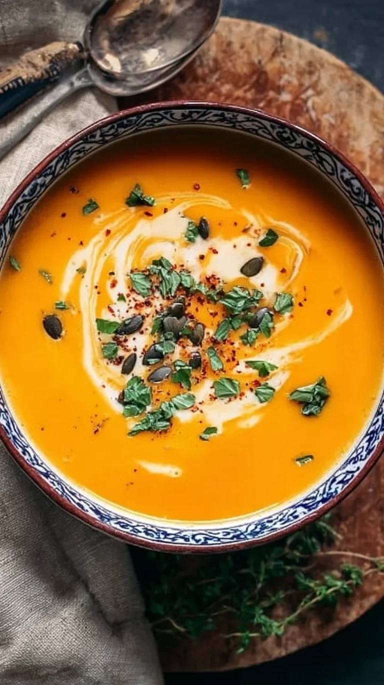 Bowl of spicy butternut squash sweet potato soup garnished with herbs