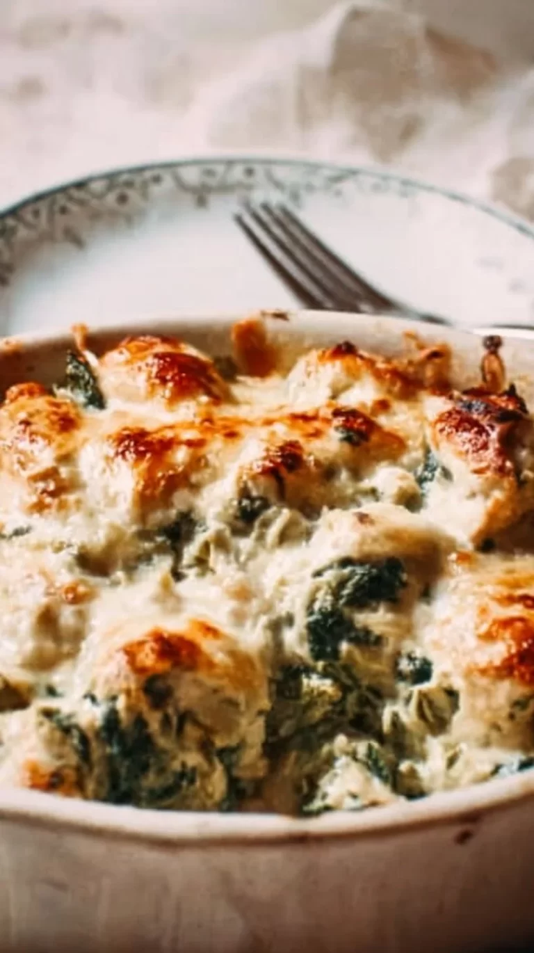 Delicious Spinach Artichoke Chicken Casserole served in a baking dish