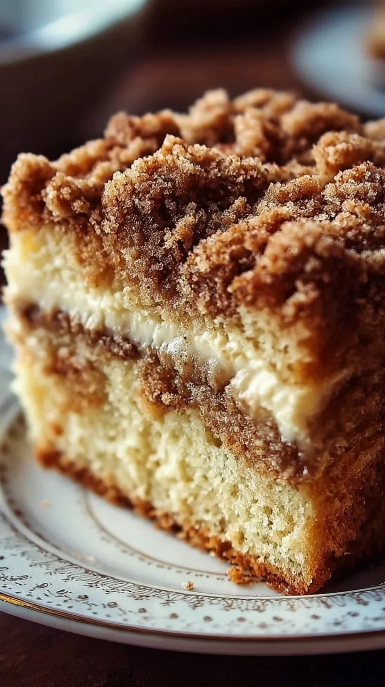 Homemade Streusel Coffee Cake with a crumbly topping and coffee in the background.