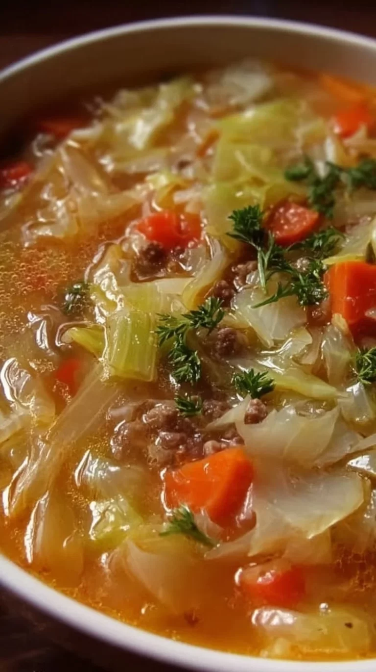 Bowl of delicious homemade cabbage soup garnished with fresh herbs
