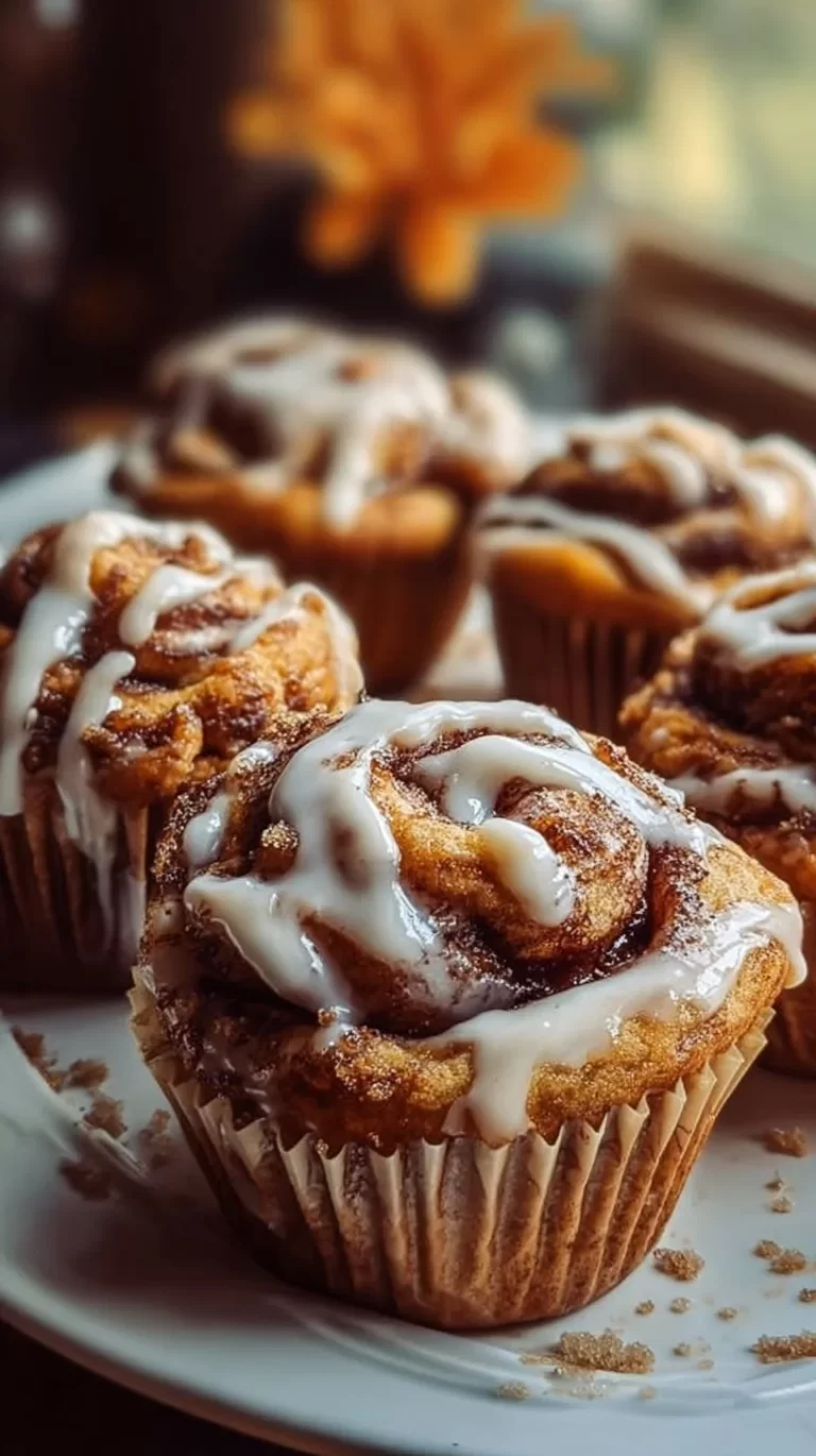 Delicious pumpkin cinnamon roll muffins with icing on a plate