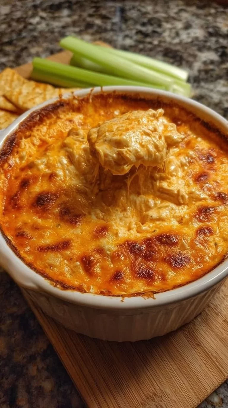 Creamy and spicy Buffalo Chicken Dip served in a bowl for a party appetizer