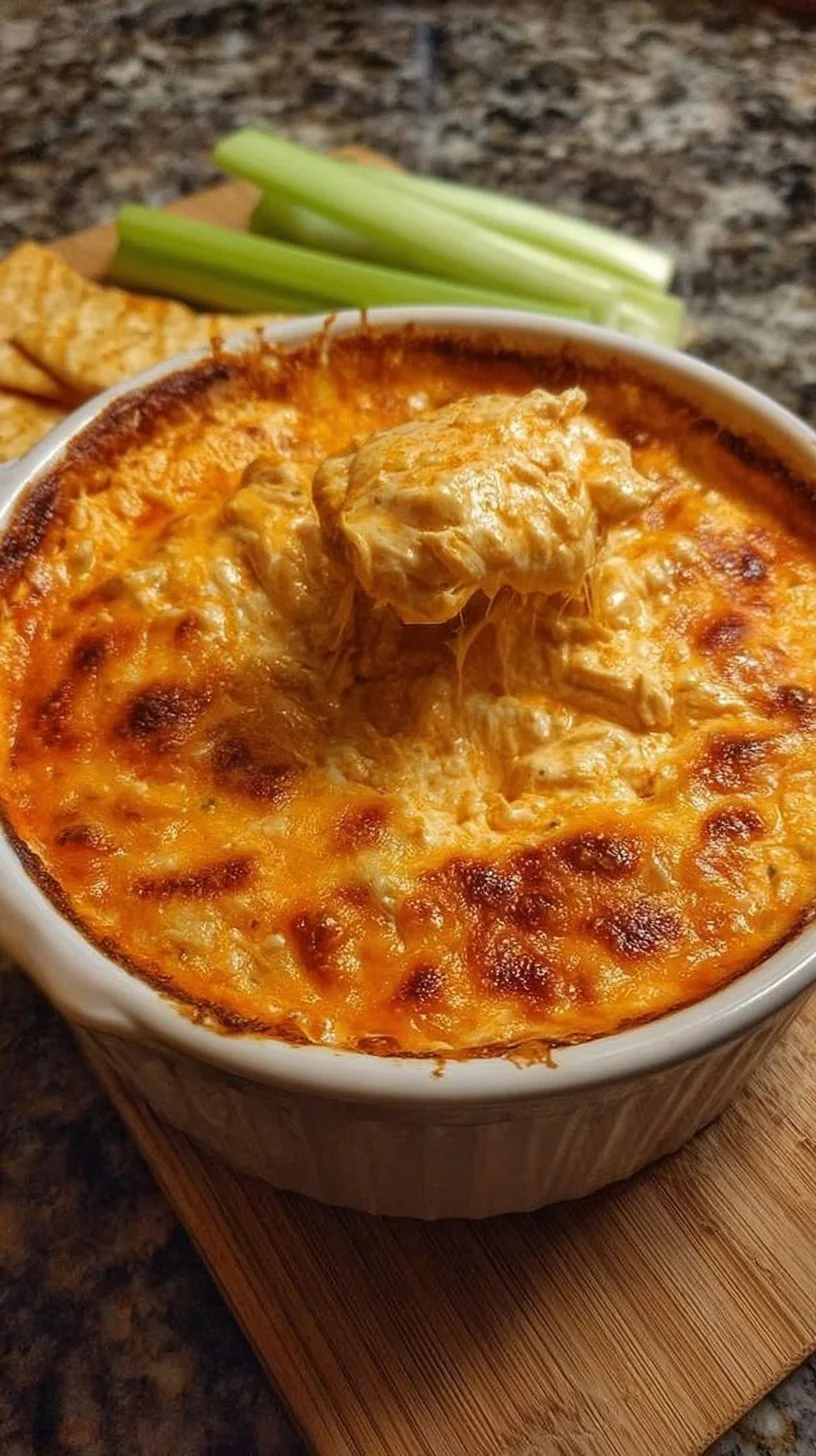 Creamy and spicy Buffalo Chicken Dip served in a bowl for a party appetizer